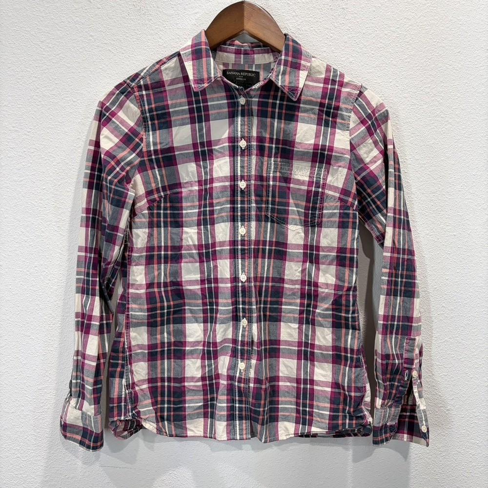 Banana Republic Pink Purple Plaid Flannel Shirt Womens XS Classic Fit Cotton